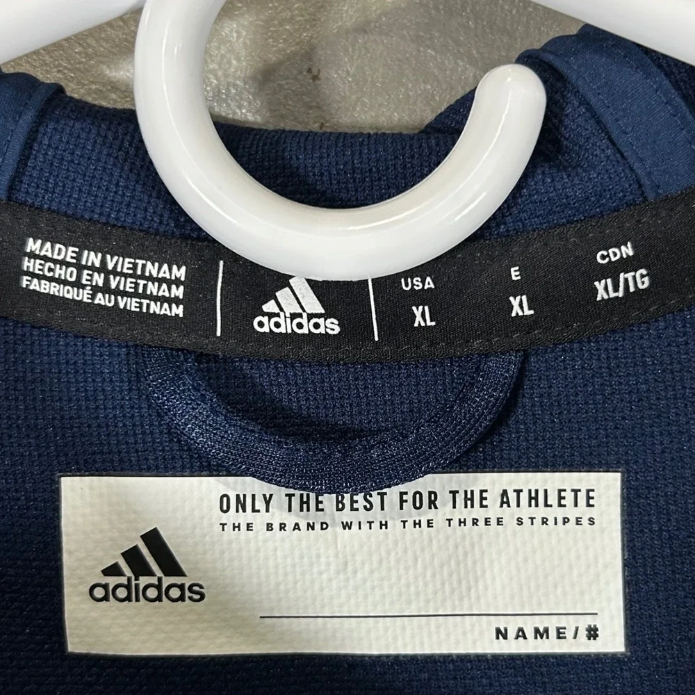 Adidas Mens XL Navy Blue Full Zip Hooded Track Jacket White Piping Athletic EUC
